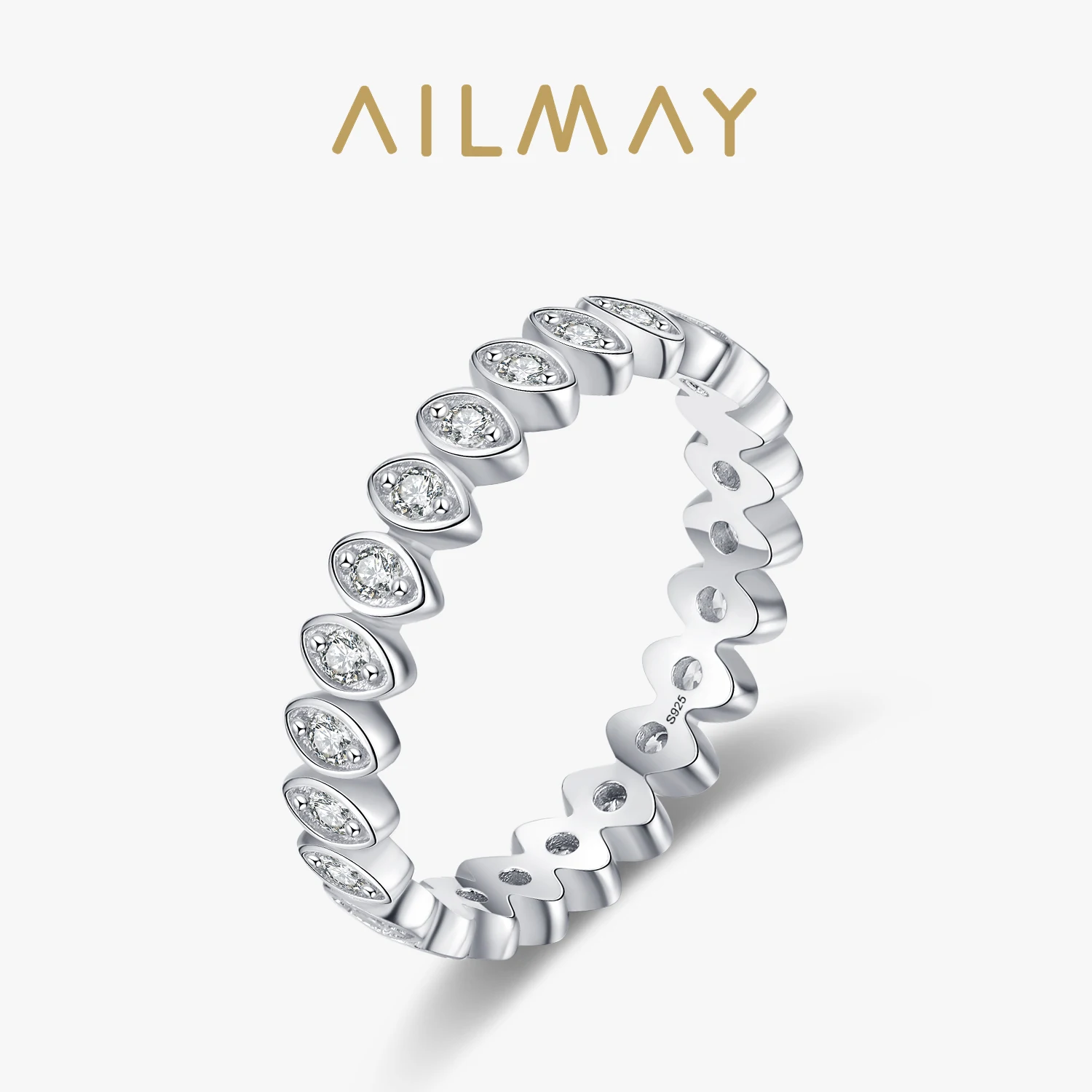 Ailmay Shining Zircon Genuine 925 Sterling Silver Lucky Eye Geometric Design Ring For Women Girls Anti-allergy Fine Jewelry