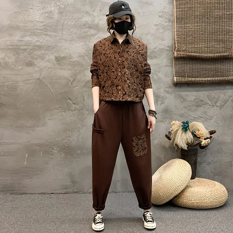Women Vintage Printed Shirt Harem Pants Two Piece Set Spring Autumn Loose Casual Cover Figure Outfit S-4XL