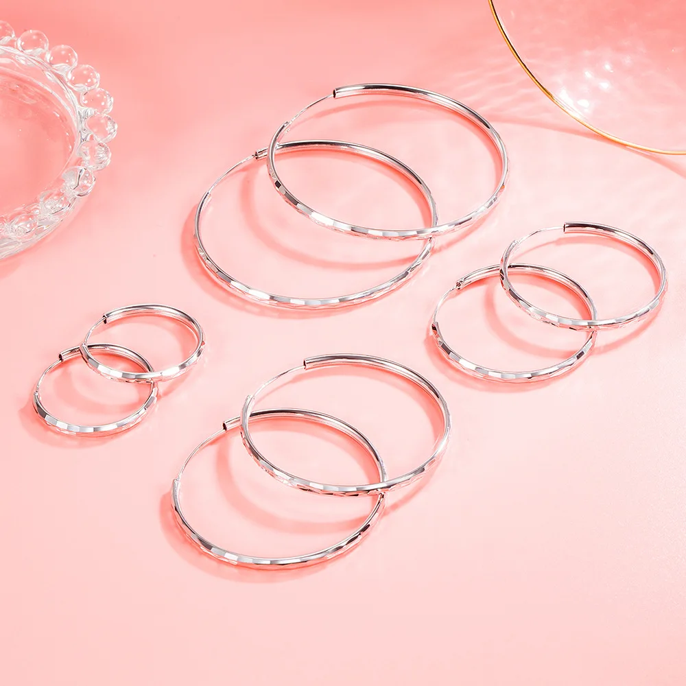 925 Sterling Silver 30/40/50/60 MM Diamond Cutting Hoop Earrings For Women Fashion Jewelry Accessories With GaaBou