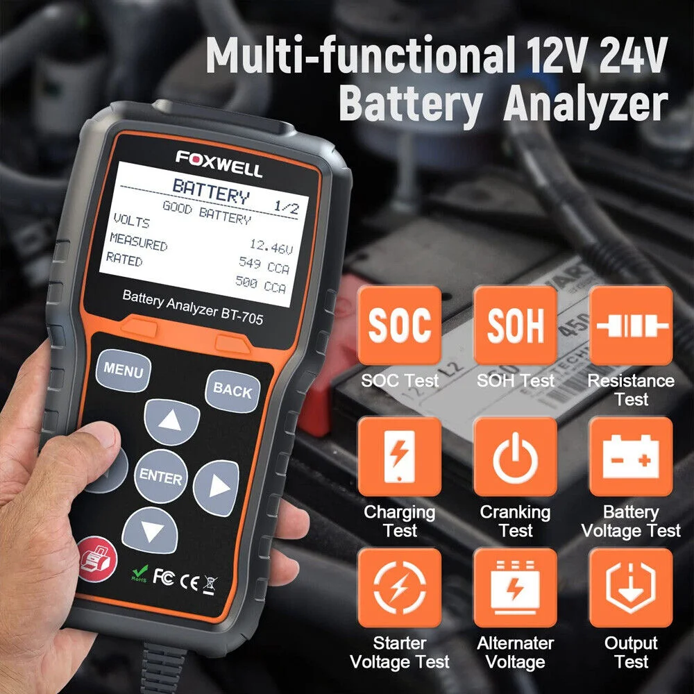 Foxwell BT705 12/24V Truck Car Battery Load Tester Charging System100-2000 CCA Battery Tester Heavy Duty Truck Cranking Charging