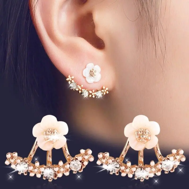 New Fashion Small Daisy Double Side Back Post Hanging Stud Earrings for Women Beautiful Crystal Flower Ear Jewelry Wholesale