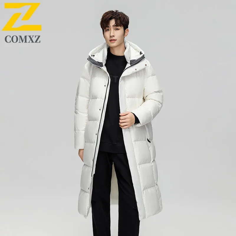 COMXZ 2025 Winter Ski Long Down Jacket Men Trendy Leisure Solid Color White Duck Down Coat Brand Outdoor Warm Lightweight Puffer