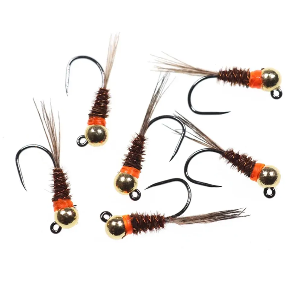 6 pièces # 12 ~ # 16 Nymphes de pêche à la mouche sans ardillon en tungstène, Nymphes Euro Perdigon brunes, Nymphes Wet Fly, Nymphes espagnoles pour la pêche à la mouche de la truite, du grayling et