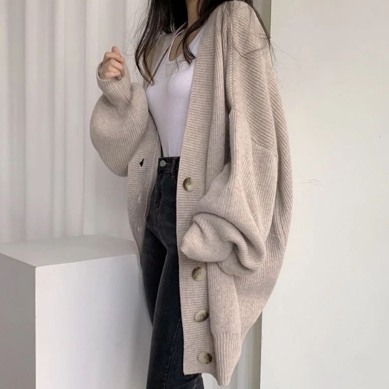 S-3XL Cardigan Women Students Baggy Chic Tender Solid Leisure Lantern Sleeve Simple Outwear Autumn Preppy Knitting Retro Elegant