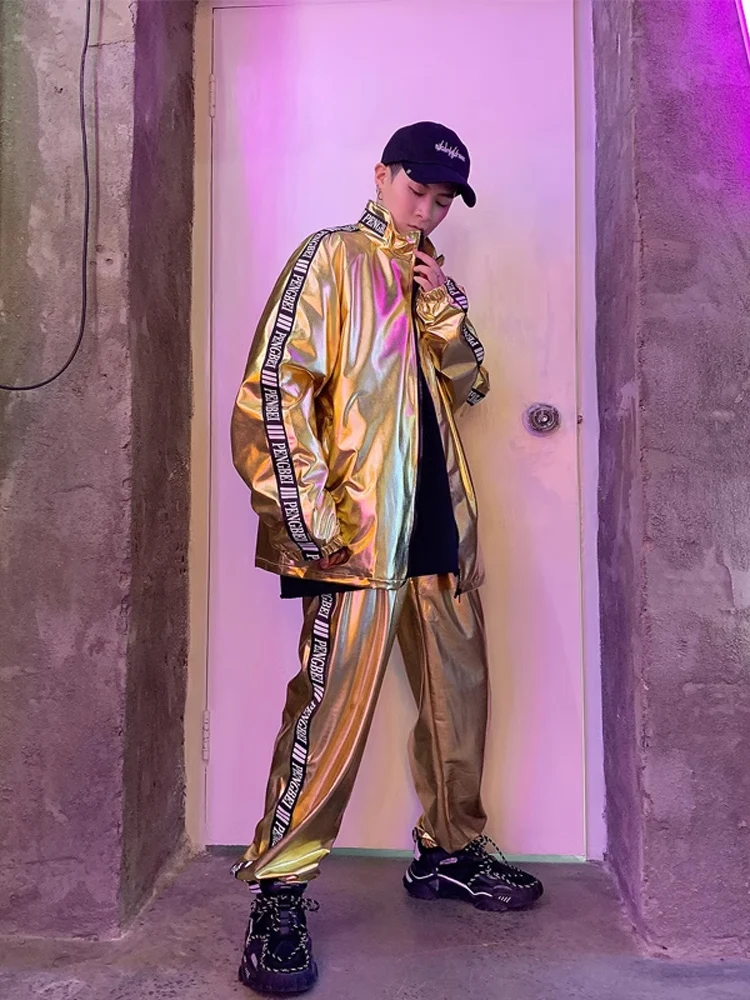 

Свободный мужской комплект Golden iny с капюшоном и брюками для выступлений, повседневная спортивная одежда из двух предметов для подростков