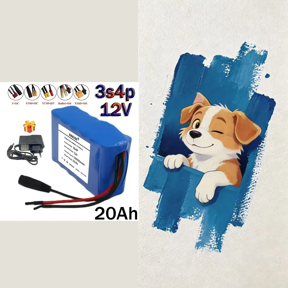2026 3s4p 12V 20Ah Battery Pack 18650 Li-Ion 12V 20000mAh DC12.6V Super Large Capacity Rechargeable Battery with BMS + Charger