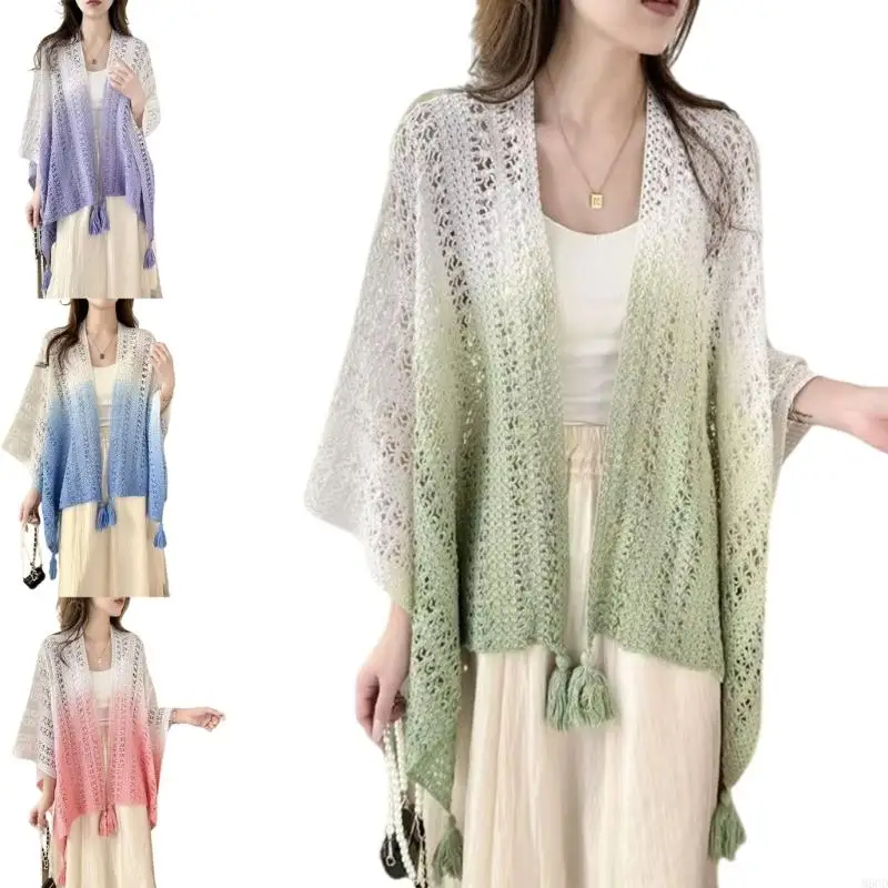 

M6CD Women Knitted Fringed Capelet Cardigan Lightweight Cover Up Knitting Shawl Wrap