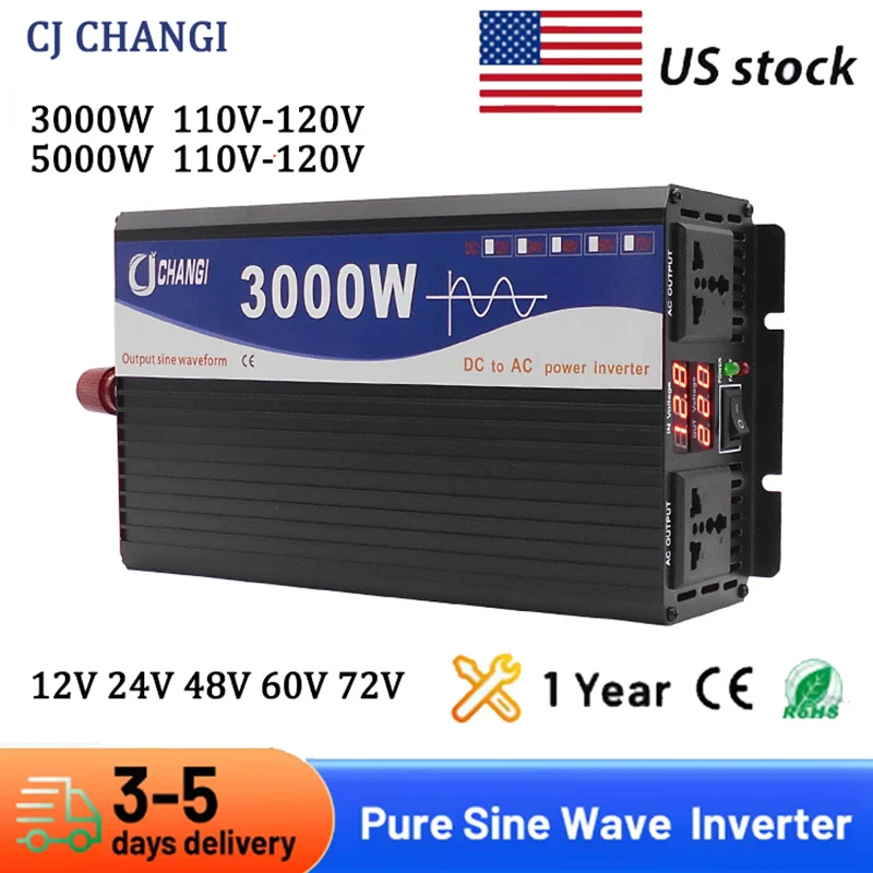 Pure Sine Wave Inverter DC 12V 24V 48V 60V 72V to AC 110V 120V  3000W 5000W Power Solar Car Inverters Doule Digital Display