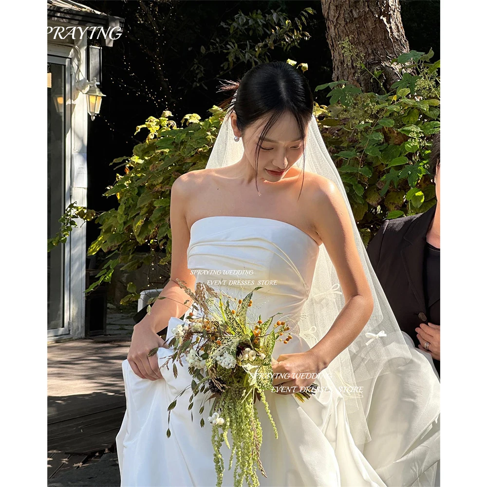 

SPRAYING Simple Strapless A Line Wedding Dress Korea Photo Shoot Taffeta Backless Sleeveless Floor Length Pleats Bridal Dresses