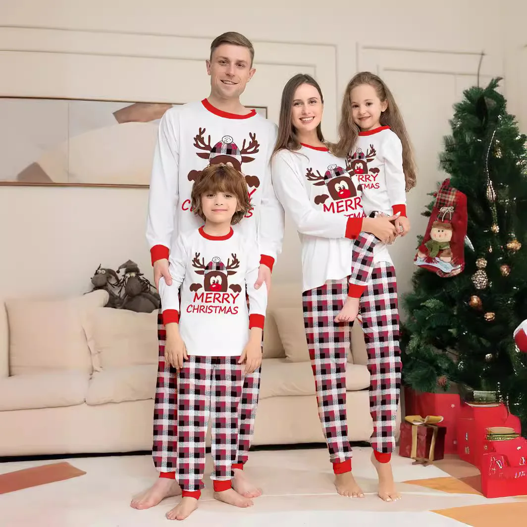

New Amazon plaid two-piece long-sleeved home wear with European American deer head letter print Christmas parent-child outfit
