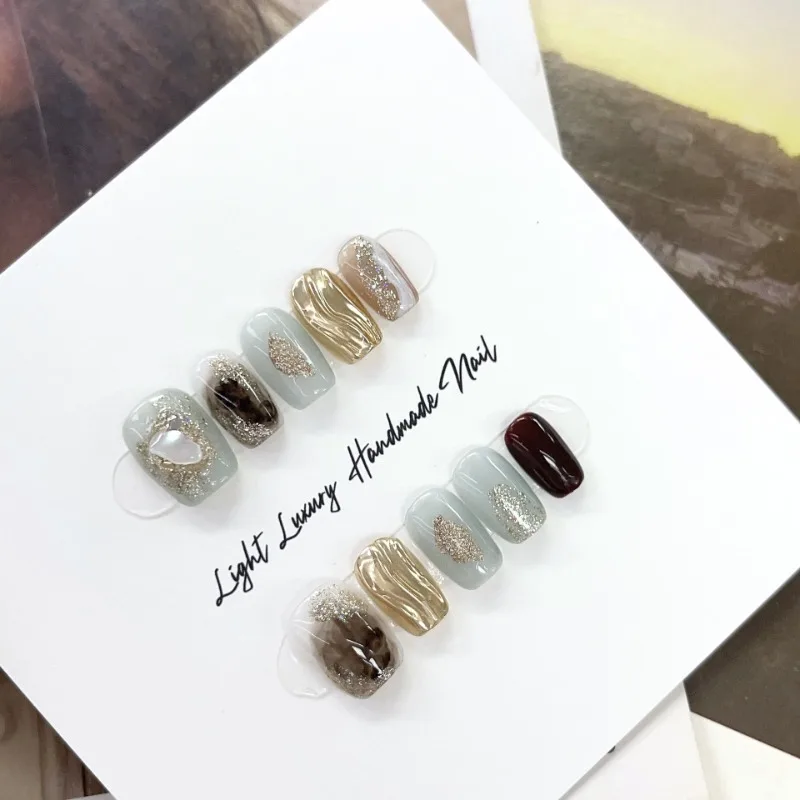 10pcs Handmade Acrylic Press on Nails with Full Set Tools Girl Short Nail Tips High Quality Hand Fake Brown Nails with Charms