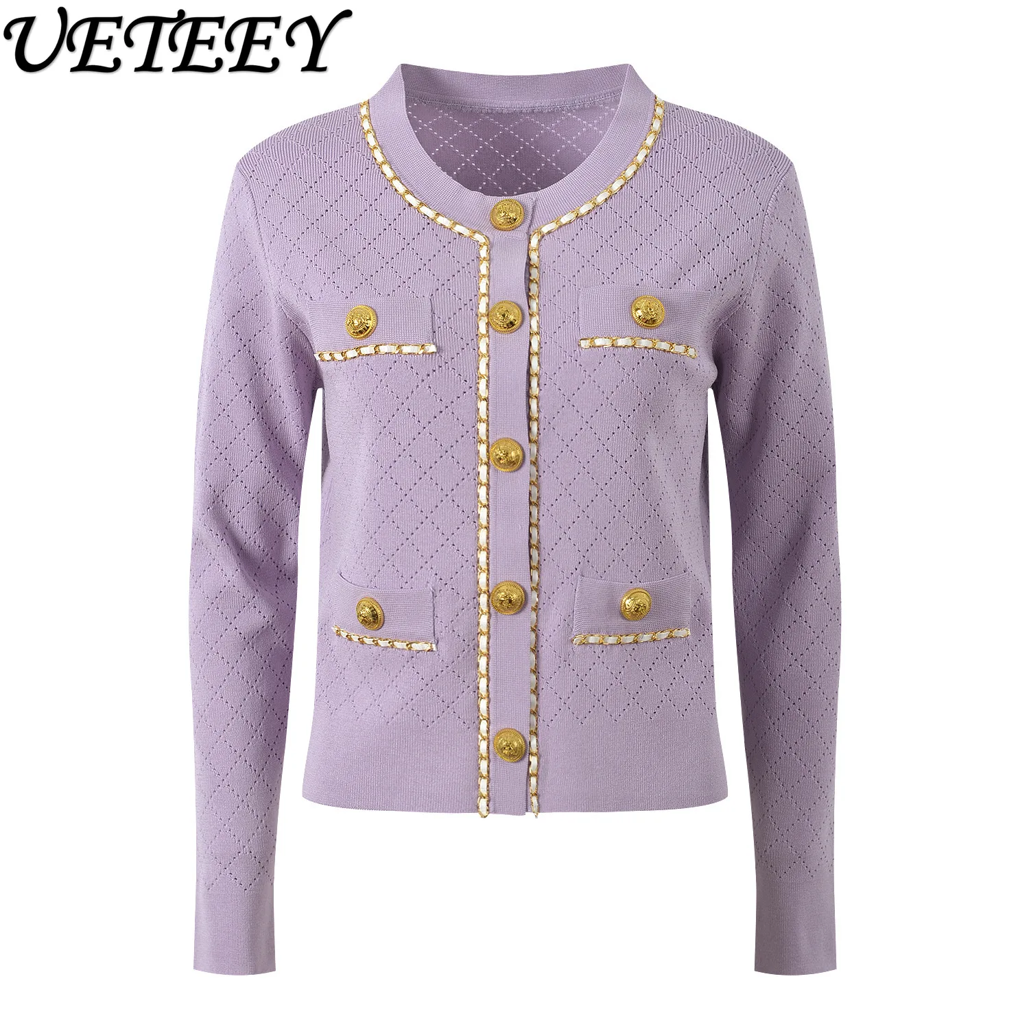 

2025 Autumn New Chain Splicing Short Sweater Jacket Fashion Versatile Round Neck Single-Breasted Knitted Cardigan Sweaters Top