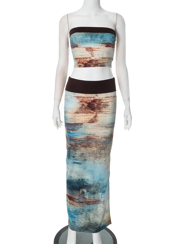 Tie-Dyeพิมพ์ชุด 2 ชิ้นผู้หญิงPatchworkเสื้อ + กระโปรงตรงวันหยุดBeach Party Skinnyการจับคู่Clubwear