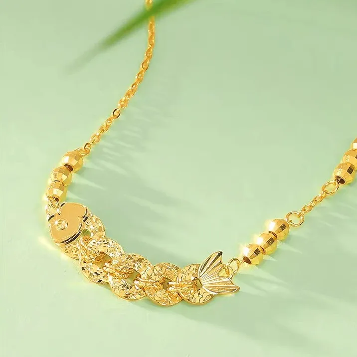 

9999 24K Real Gold Laicai Koi Five Emperors Money Necklace Crushed Ice Light Luxury High-end Collarbone Chain Birthday Gift