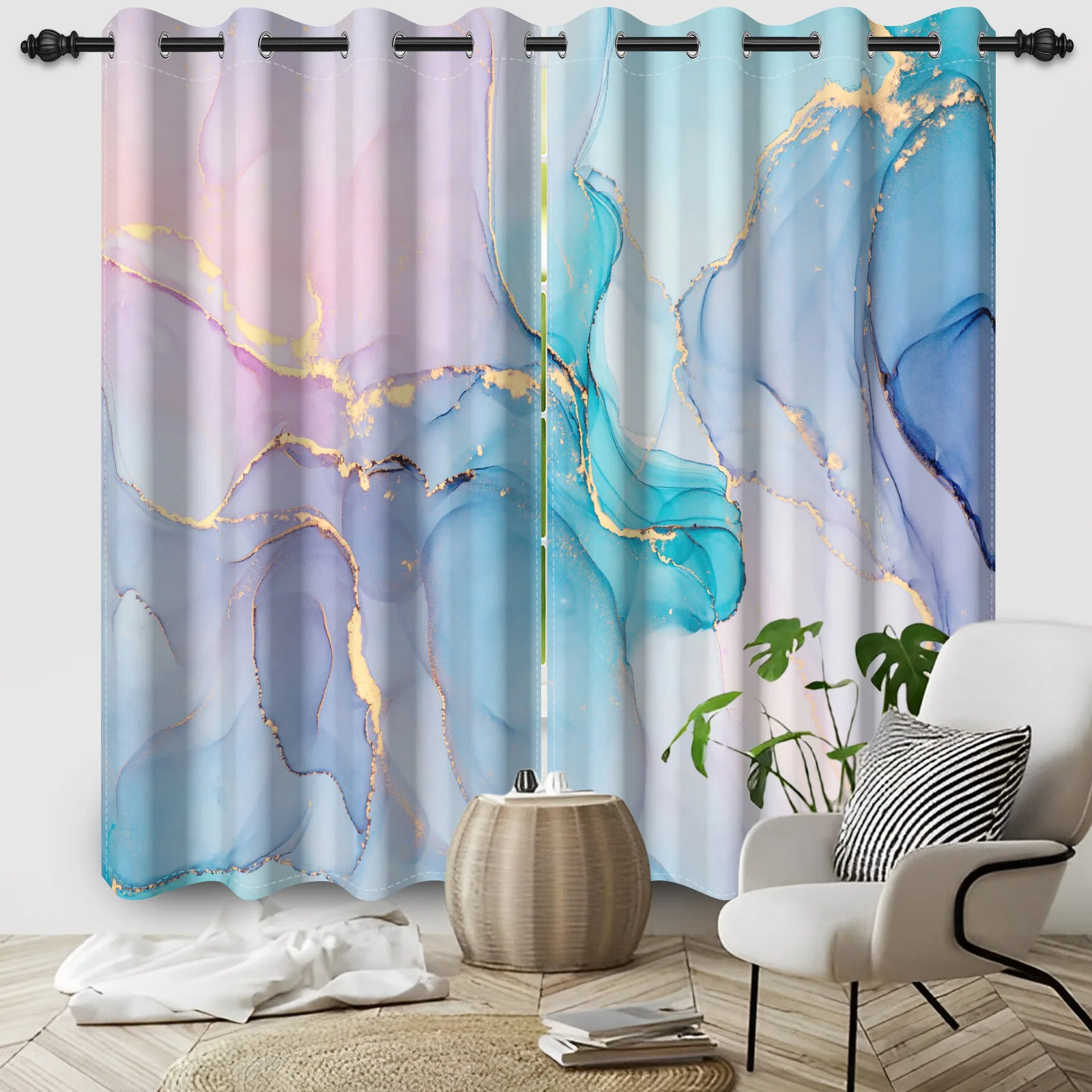 2pcs/set Abstract Color Texture Marble Window Curtain Modern Luxury Ink Painted Bedroom Living Room Blackout Polyester Curtains