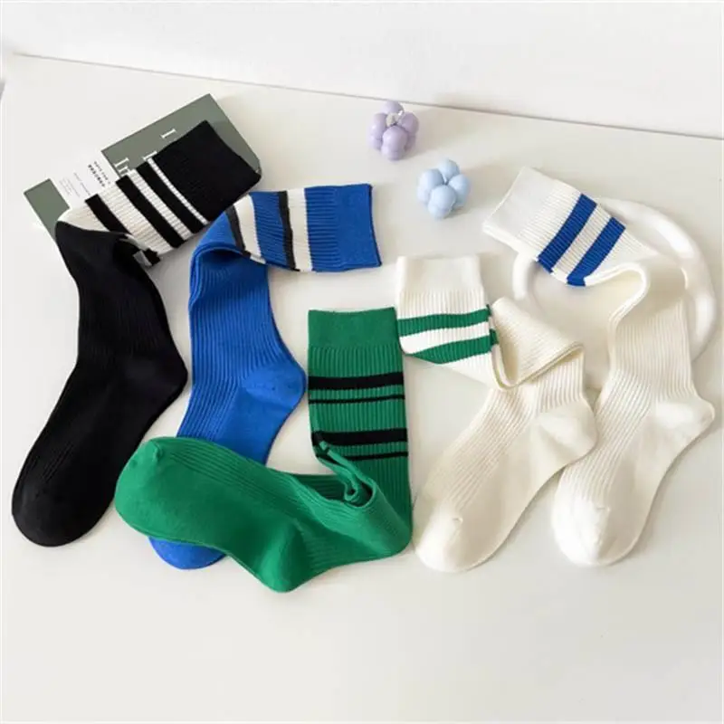 Pure Cotton Long Tube Socks Women's Outerwear Double Needle Stripe Leg Socks Klein Blue Cotton Socks Comfortable Breathable
