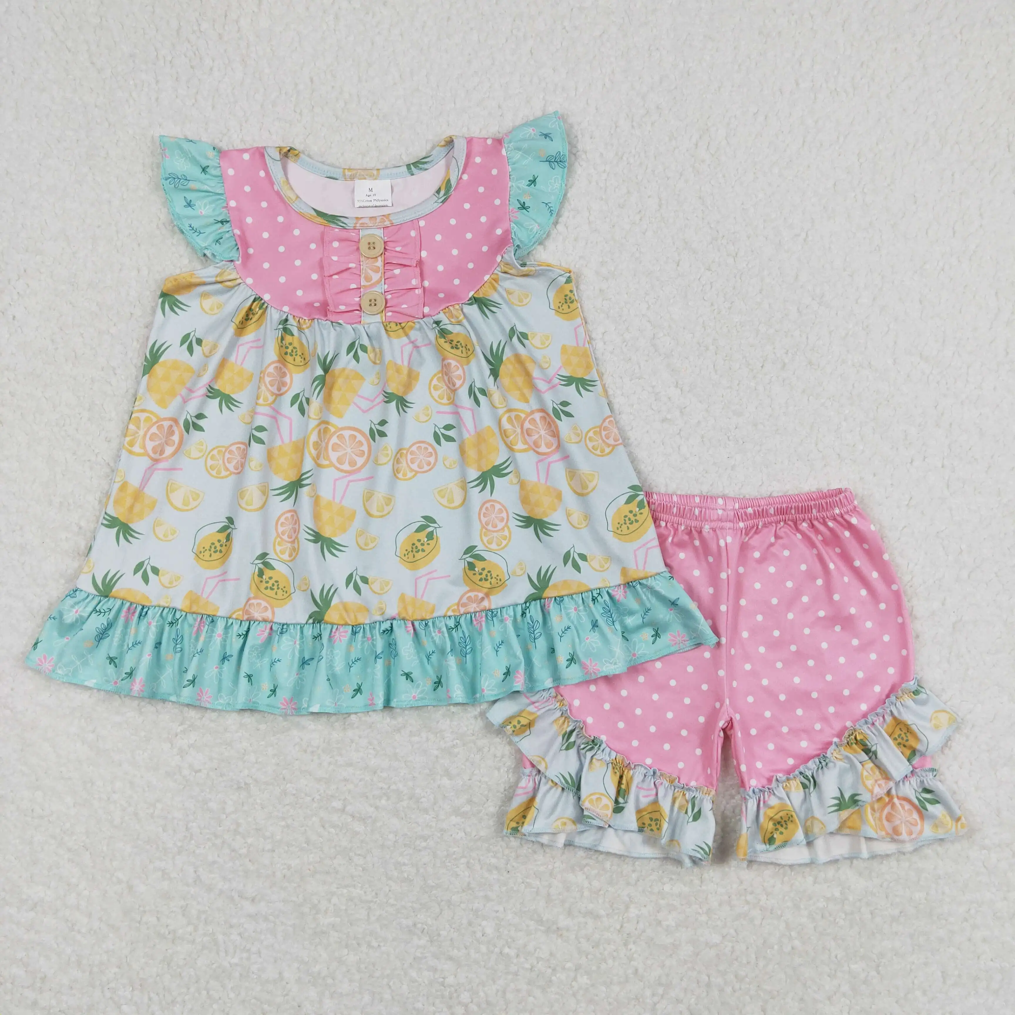 

z93-10 GSSO0782 Wholesale toddler girls clothes lemon lace flying sleeves sets kids Summer Boutique kids clothes girls