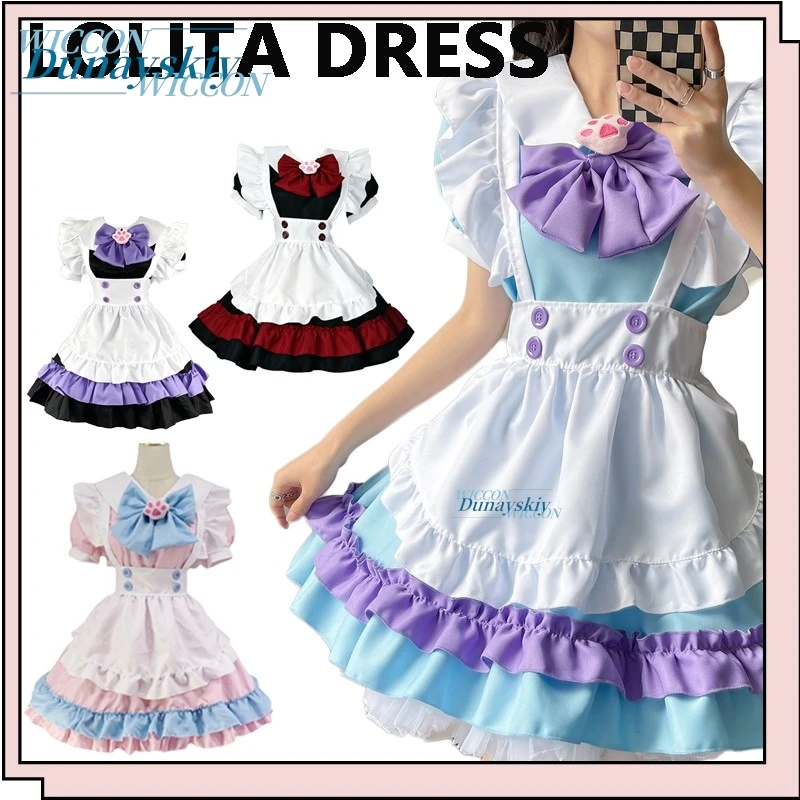 

Lolita Dress Cosplay Costume Set Bow Decor Pink Blue Contrast Color Short Sleeve Dress Outfit for Halloween Party