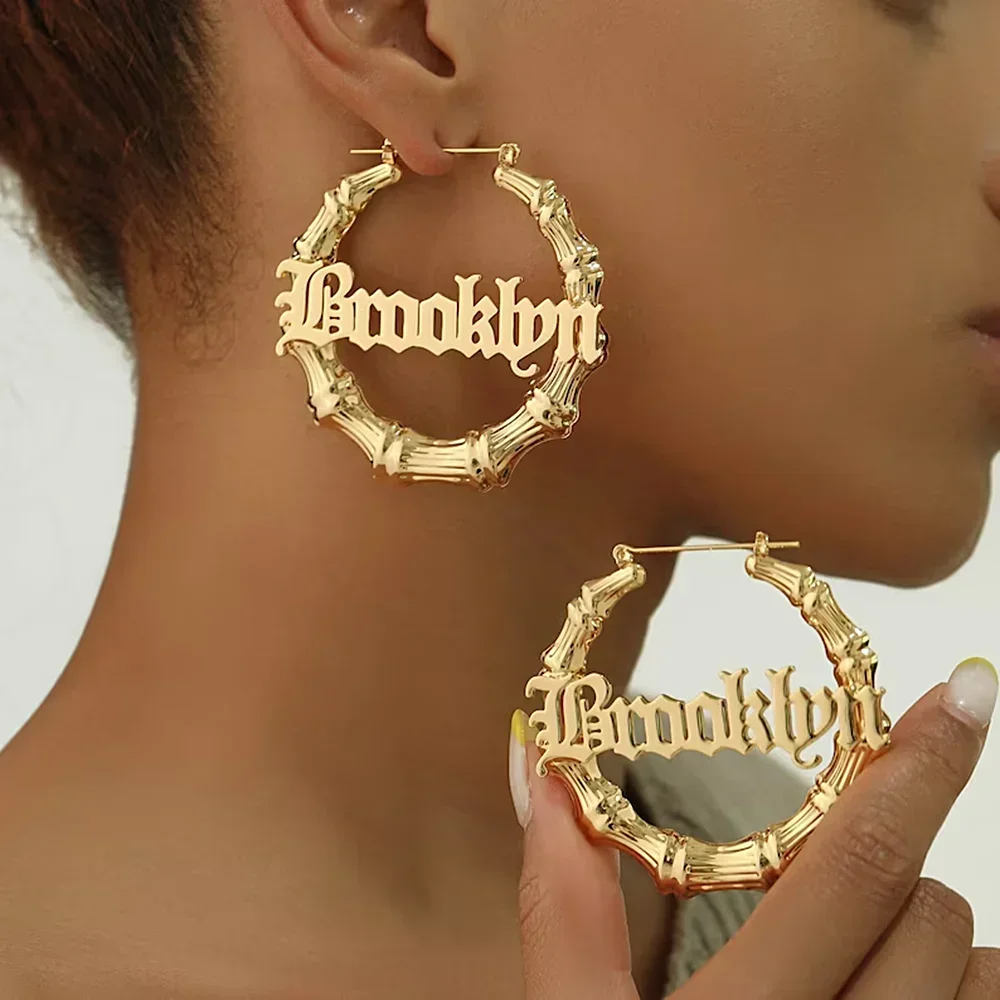 

Personalized Big Hoop Bamboo Shape Earrings Custom Name for Woman Golden Designer StainlessSteelJewelryGift wholesale earrings