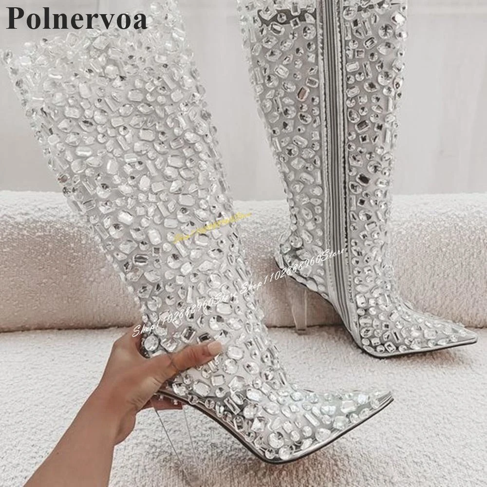 Knee High Transparent Heel PVC Crystal Boots High Heel Shoes For Women Side Zipper Pointed Toe 2024 Fashion Zapatos Para Mujere