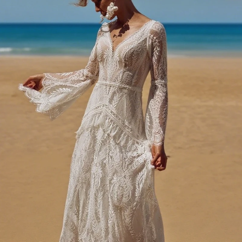 

V Neck Flare Sleeves Lace Wedding Dresses for Women Long Bride Dress Backless Vintage Outfit Bridal Gown Customized