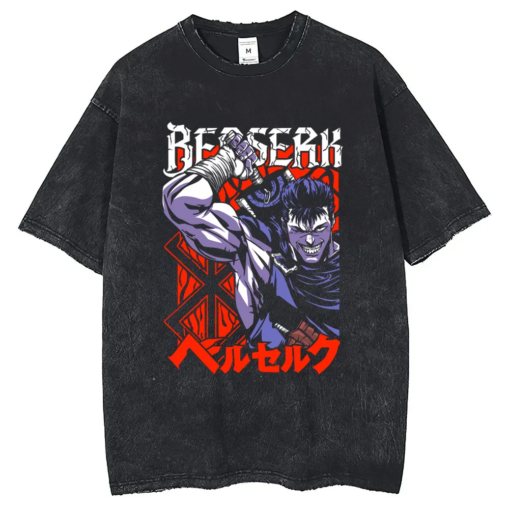 T-shirt unisexe surdimensionné en coton Y2K Streetwear avec motif graphique anime Berserk Guts Sword, noir délavé, collection été 2026