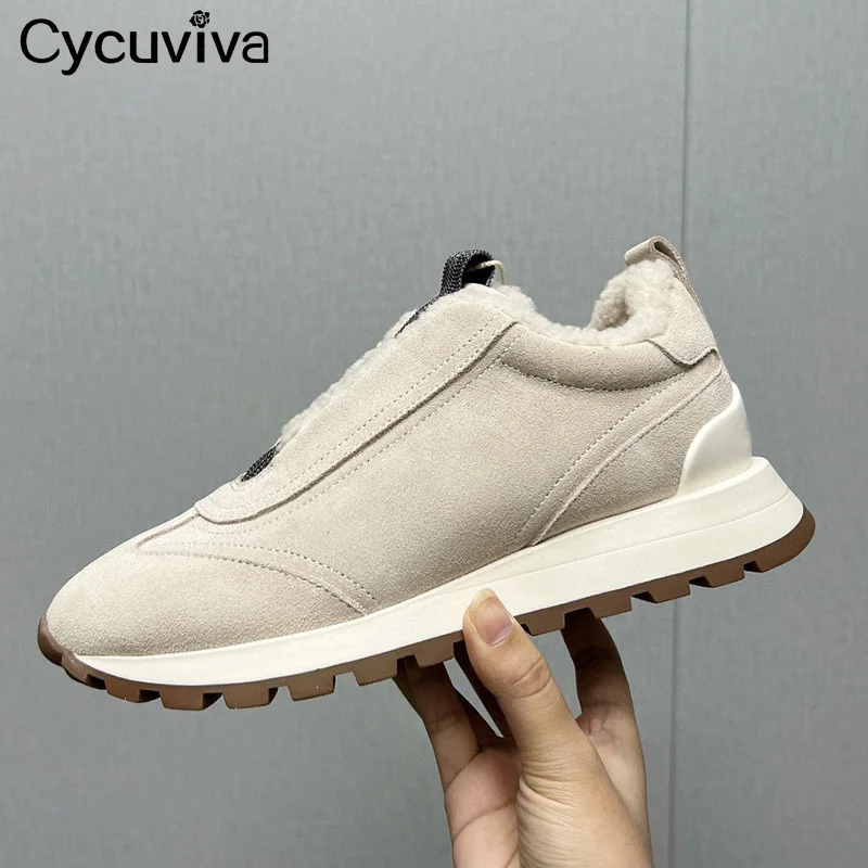 Winter Wool Flat Platform Shoes Women Thick Sole Suede Leather Lace Up Running Shoes Casual Party Vacation Walking Shoes Women