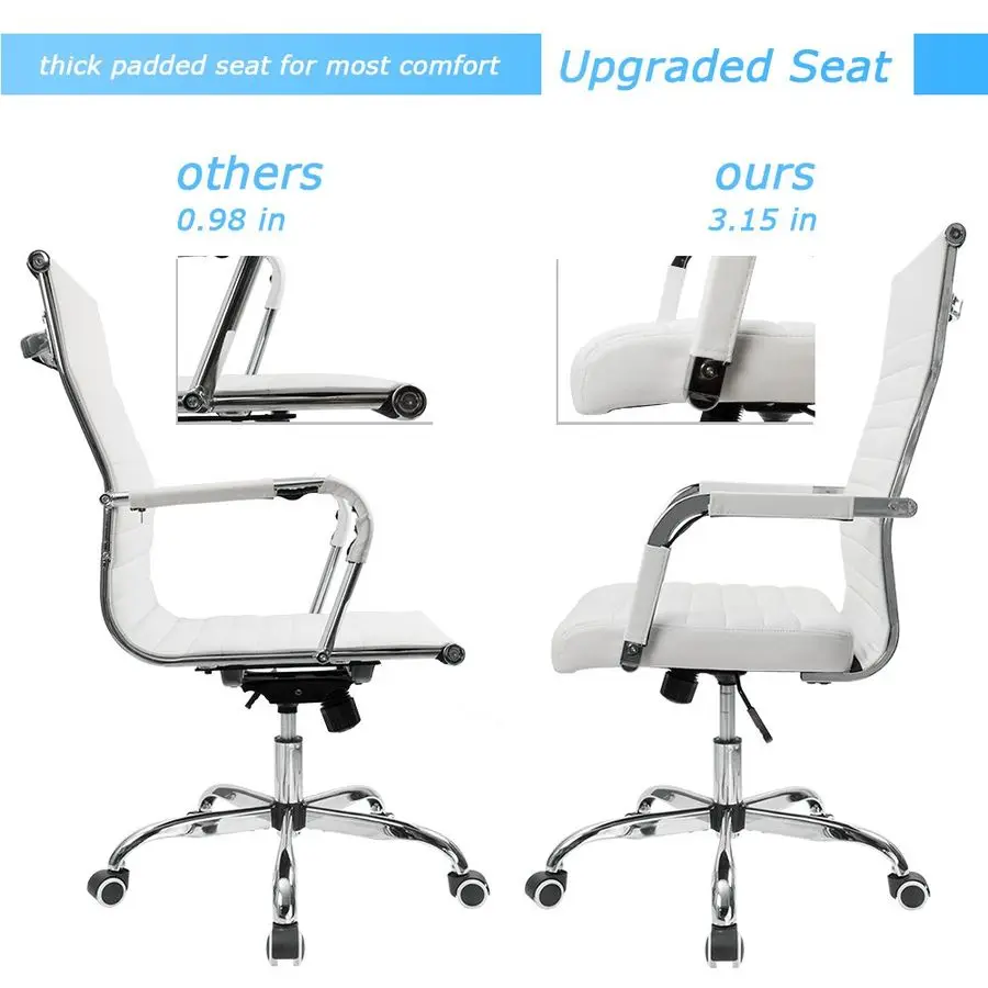 Ribbed Office Desk Chair MidBack PU Leather Executive Conference Task Chair Adjustable Swivel Chair with Arms White