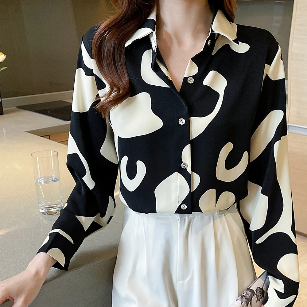 Women'S Stylish Geometric Print Lapel Button-Down Shirt Hawaiian Vacation Casual Top Women'S Elegant Long Sleeve Evening Gown