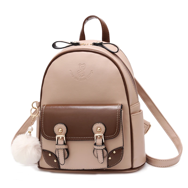 Zaino in rilievo con motivo a cartone animato, borsa per libri Colorblock di moda con decorazioni a sfera in peluche per le donne