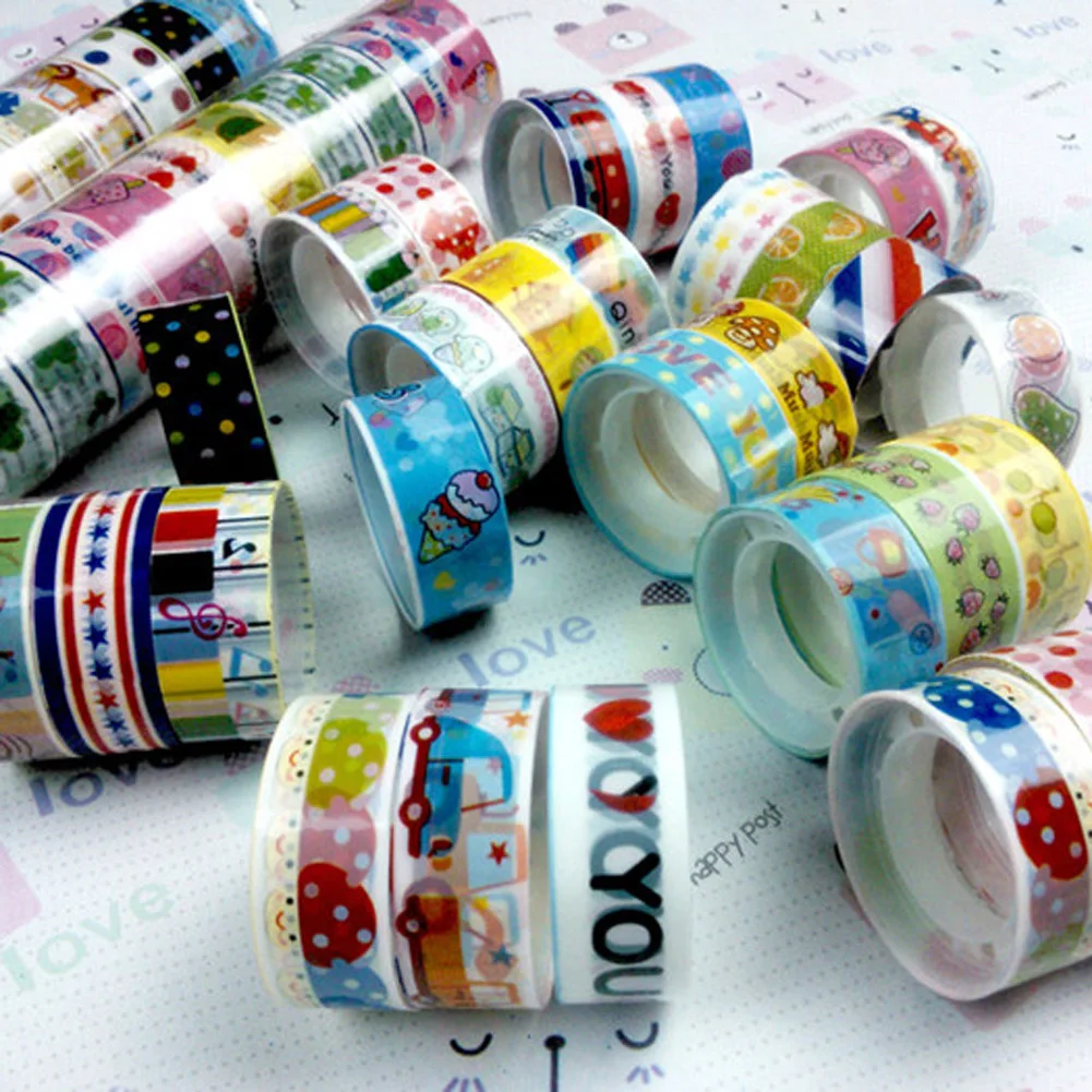 10pcs Adhesive Sticker 250x1.5cm DIY Washi Tape Cartoon Pattern Decorative Craft for Gift Wrapping Scrapbook School Supplies
