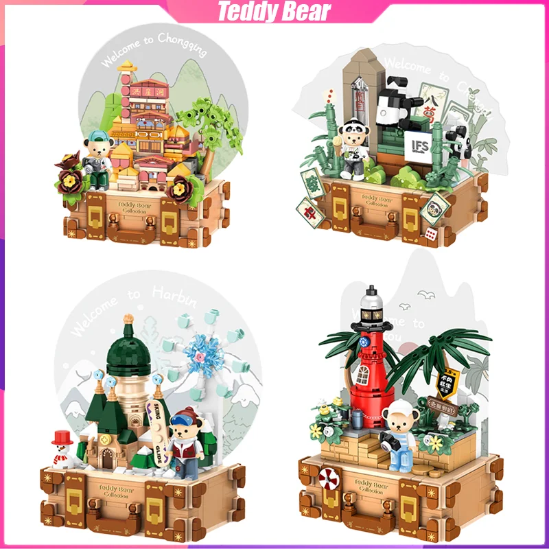 

Teddy Bear Building Blocks Tourist City Streetscape Desktop Decoration Puzzle Assembling Model Toys Birthday Gifts for Kids
