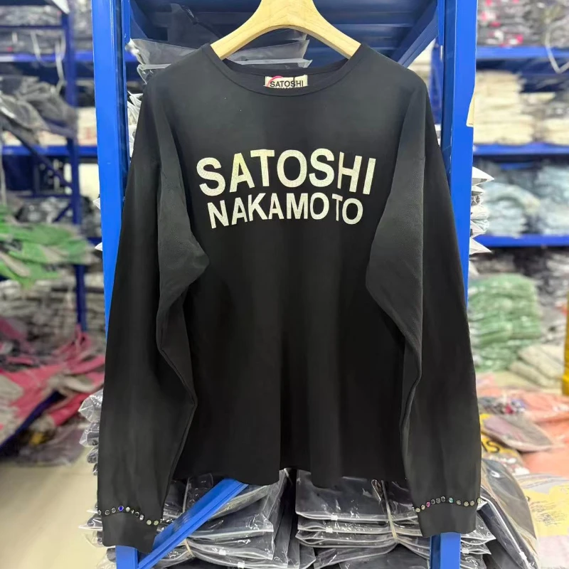White Washed Satoshi Nakamoto Bead Waffle Check Long Sleeve Shirts Men Women Best Quality American Vintage Black T-shirts
