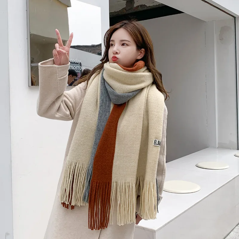 Winter 2 Color Splicing Scarf Women Korean Sweet Girls Imitation Cashmere Tassel Scarves Shawls Thick Warm Long Pashmina Foulard