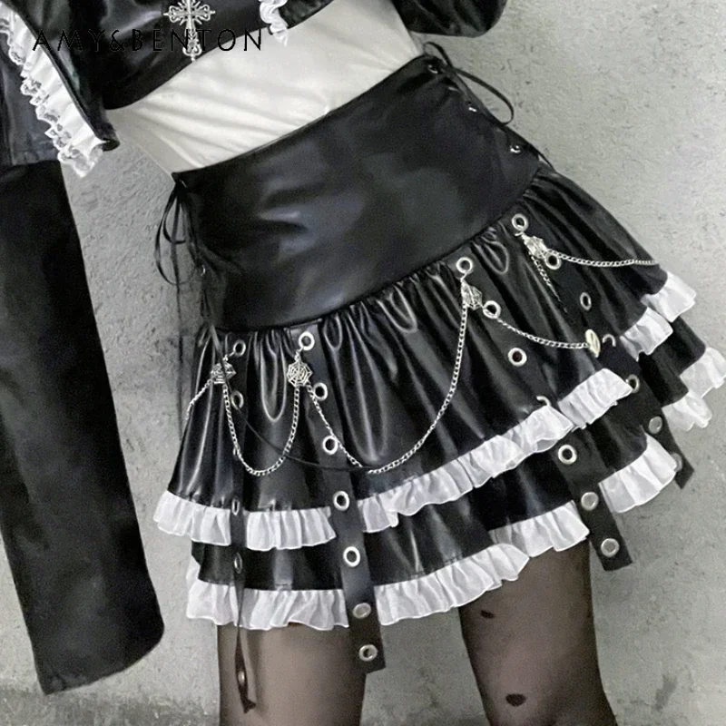 

2024 Japanese Original Spice Subculture Dark Punk Harajuku Leather Skirt Strap Lace A Line Waist Thin Cake Skirt For Girls