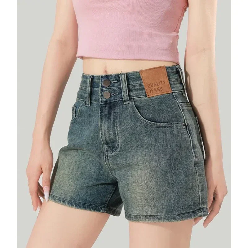 

Summer Lady Double Buckle High Waisted Jeans Girls Basic Casual Daily Short Pants Female Korean Denim Mini Pants