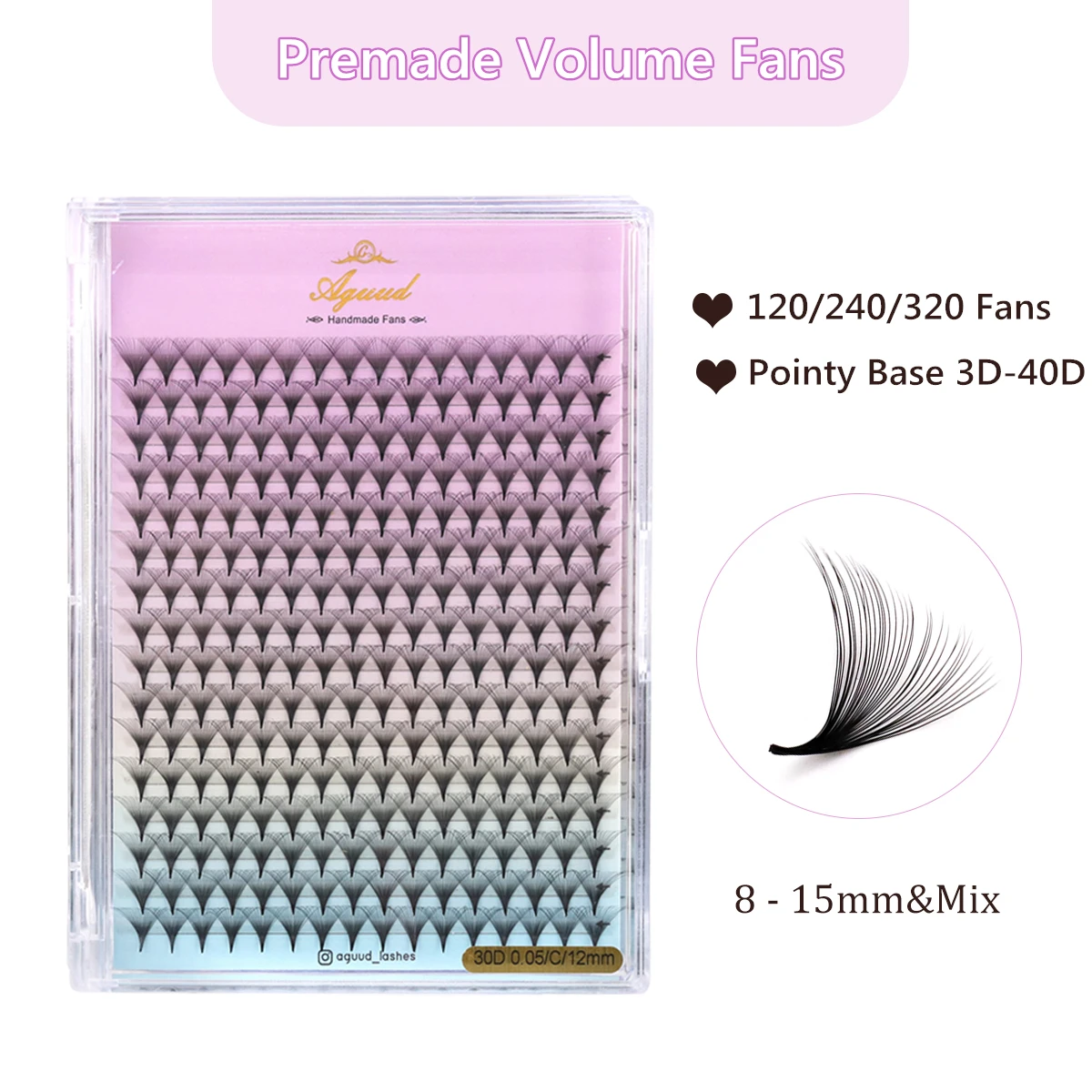 AGUUD All Size 3D-40D Premium Handmade Thin Pointy Base Premade Russian Volume Lash Extension Fans Dark Black False Eyelashes