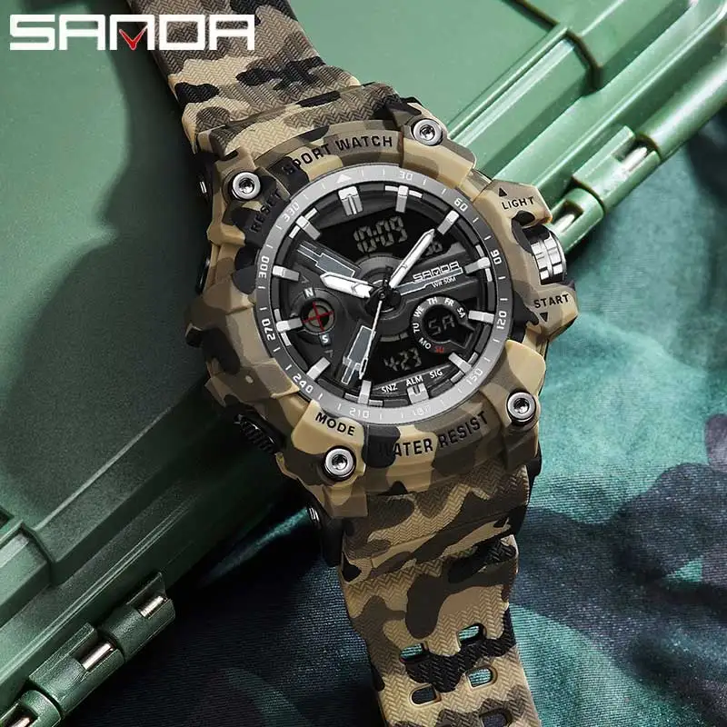 

SANDA Men Sports LED Digital Watches Dual Display Analog Quartz Wristwatches Waterproof Camouflage Military Army Timing Watch