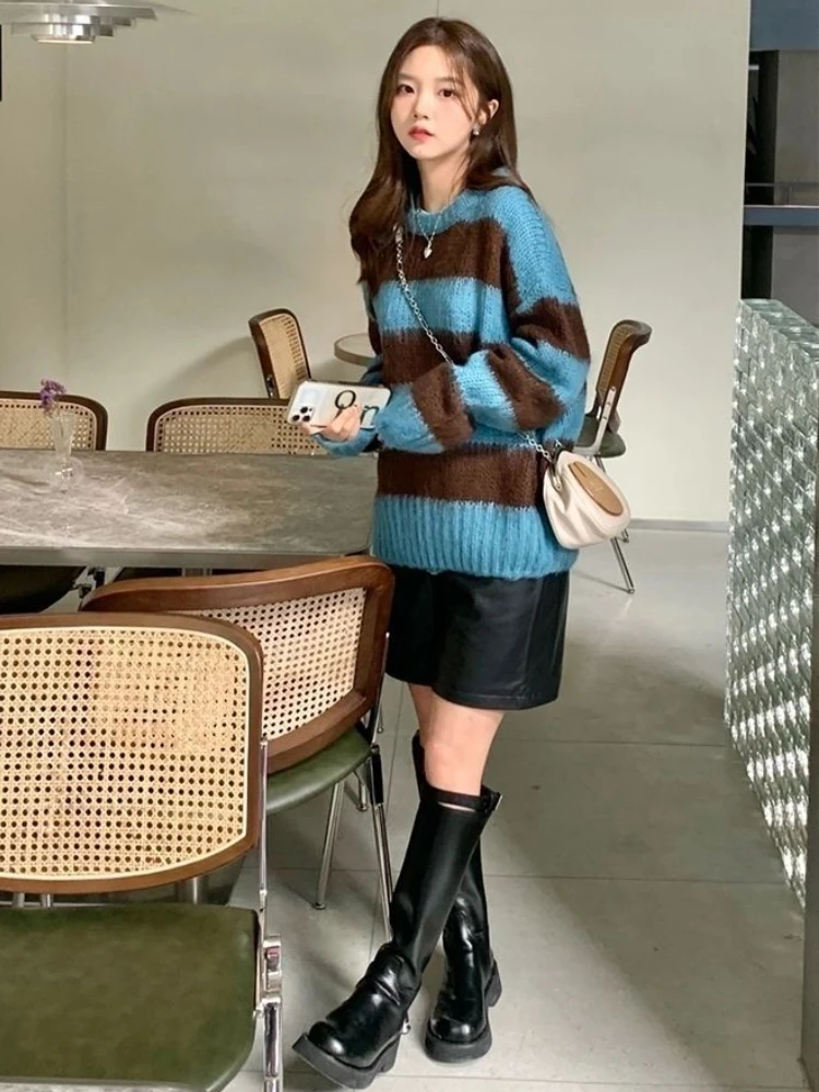 2022 Autumn Thick Pullovers Women New Panelled Stripes Sweaters Vintage Schoolgirls BF Chic Japan Simple All-match Fashion Young