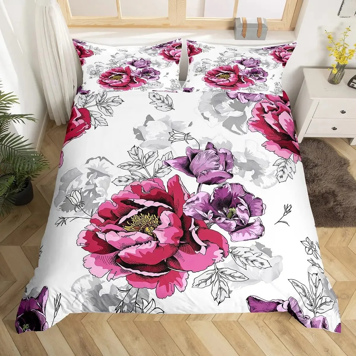 

Pink Peony Duvet Cover Set, Tulips Flowers Comforter Cover for Girls Women Twin,Florals Blossoms Botanical Plants Bedding Sets