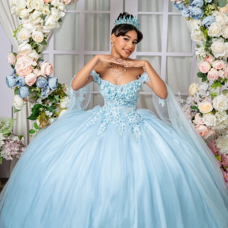 

Sky Blue Shiny Ball Gown Quinceanera Dresses 2026 Applique Flower Tull Corset Off Shoulder Sweet 16 Dress Vestidos De 15 Anos