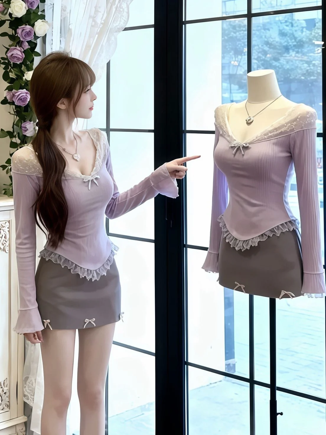 

Pure Desire Lace Trim Long Sve Knitted Dr High Waist Skirt Two Piece Set Women's Autumn Winter Spicy Girl Outfit