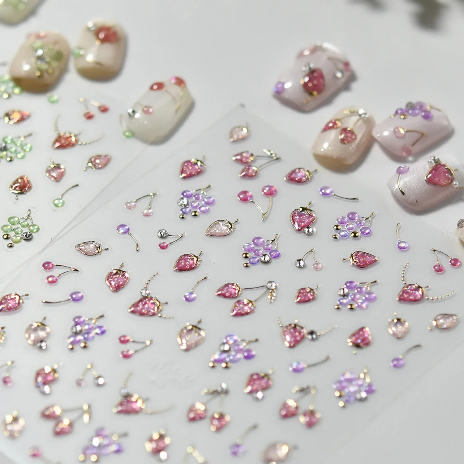 Sweet Fruit Strawberry Cherry Grape 5D Nail Stickers Shiny Rhinestones Self-Adhesive Fruit Nail Decals Cute Nail Art Decor Girls
