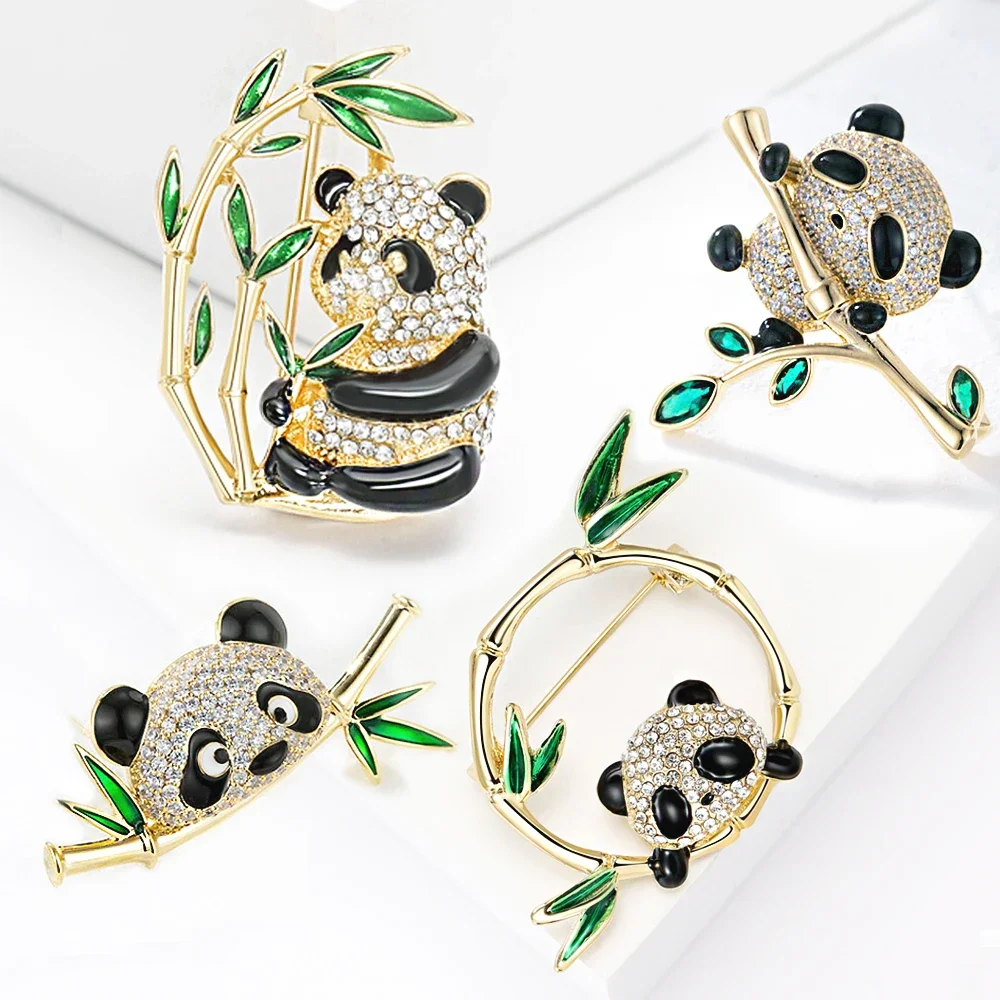 Cute Bamboo Panda Shaped Brooch Shiny Rhinestone Inlaid Metal Animal Lapel Pin For Women Dress Coat Sweater Corsage Accessories