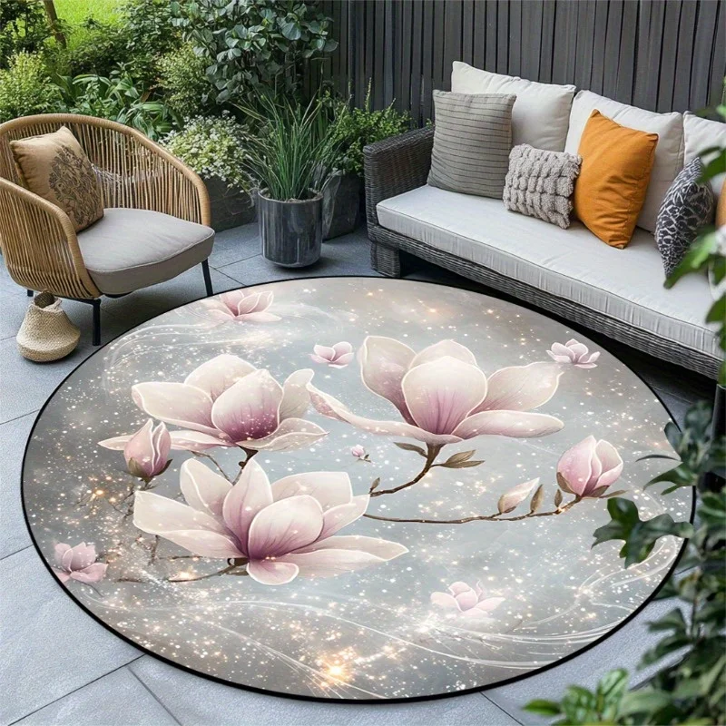 

1pc Elegant Round Area Rug, Quicksand Pearl White Magnolia Pattern - Crystal Velvet Fabric, Perfect for Living Room, Dining Room