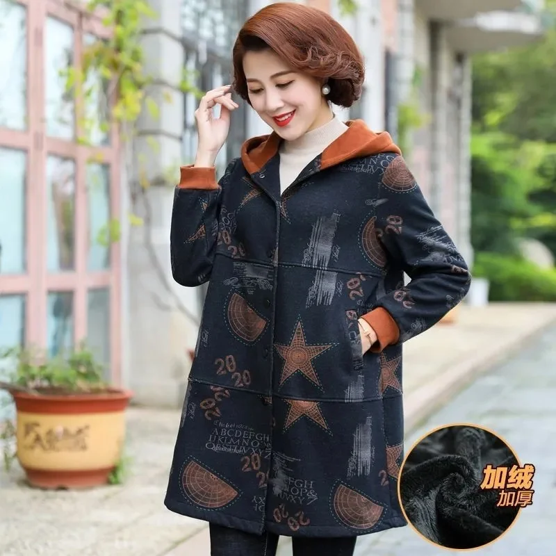 2023 Winter New Midlife Plush Thickened Coat Women\'s Large Size 7XL Loose Fashion Mother Hooded Sweatershirt Patchwork Printing