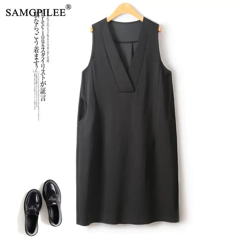 

Autumn Winter 2024 Matching Sleeveless Women's Dresses V Neck Solid Silhouette Drape Space Cotton Slim Sexy Elegant Black Dress