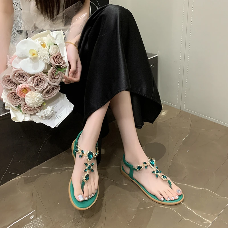 

Internet-famous Sandals 2026 Summer Korean Version New Fairy Style Flat Fashion Rhinestone Non-slip Roman Beach Shoes