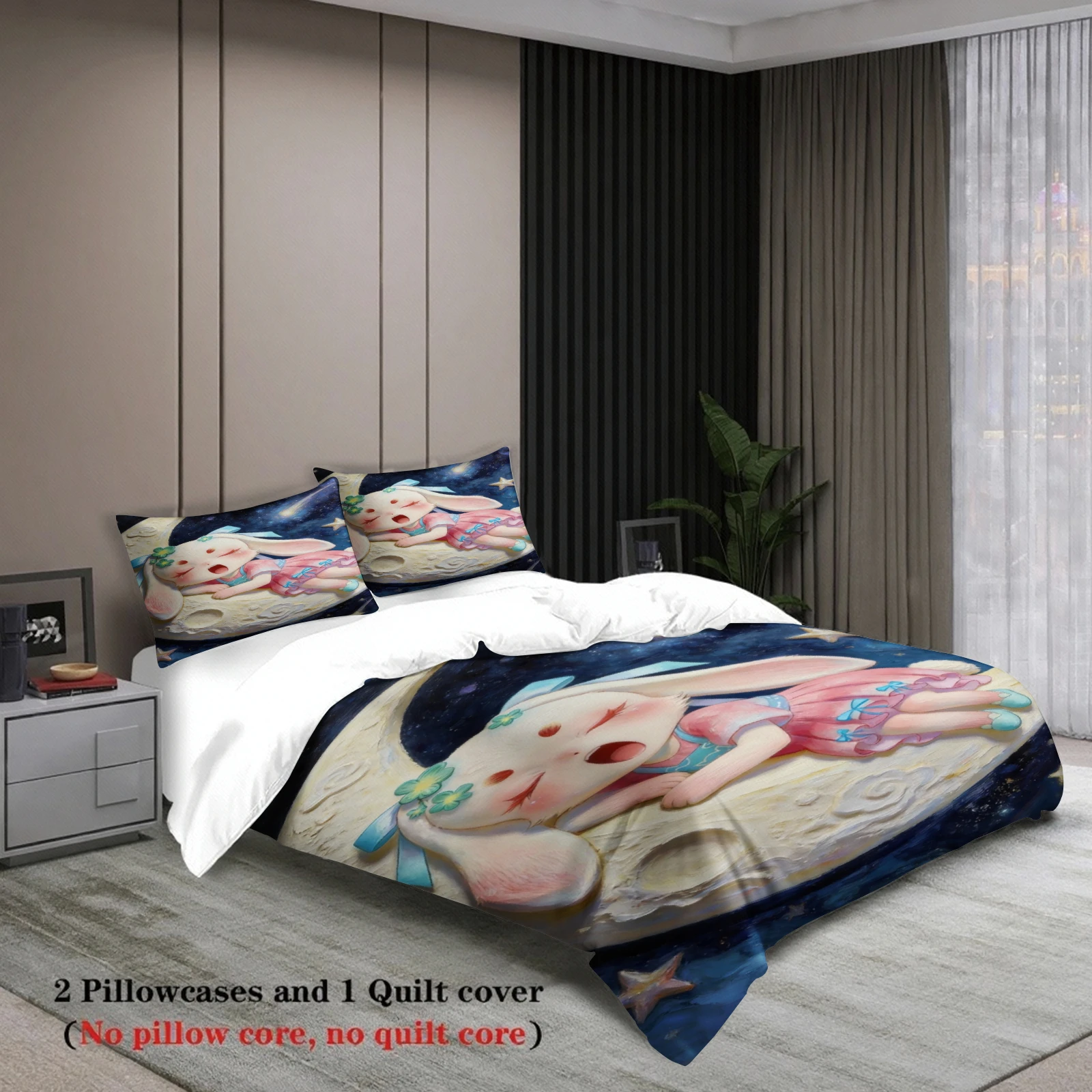Softville Cozy Town 3PCS Bedding Sets Lop Rabbit Fast Asleep On A Crescent Pint Duvet Cover No filling Cartoon Style Queen Size