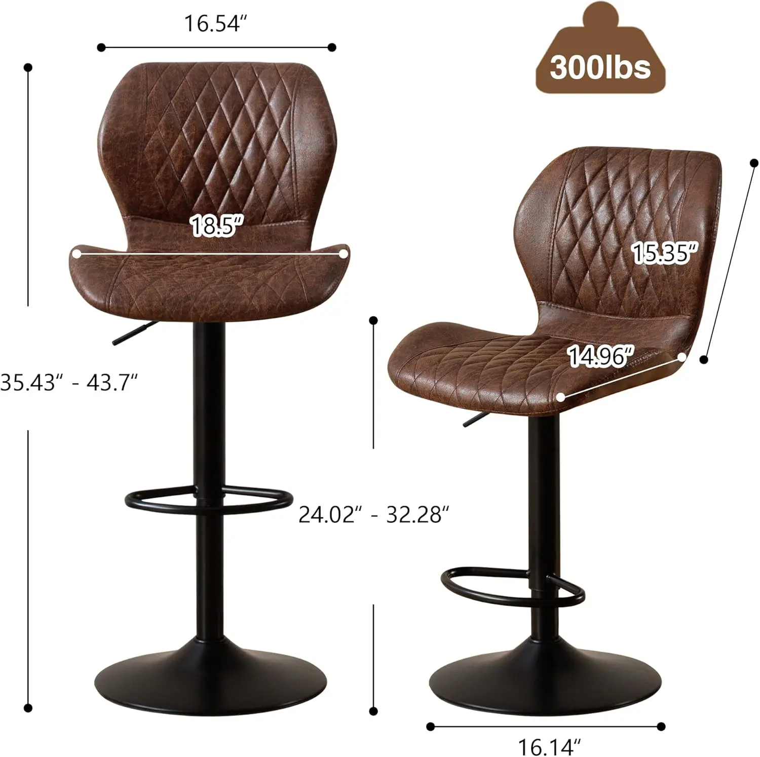 현대식 회전식 바 의자 4개 세트, 등받이가 있는 조절 가능한 패브릭 주방 아일랜드 의자, 브라운